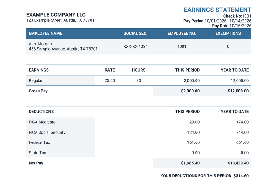 Fictional sample of the Modern pay stub template on white paper