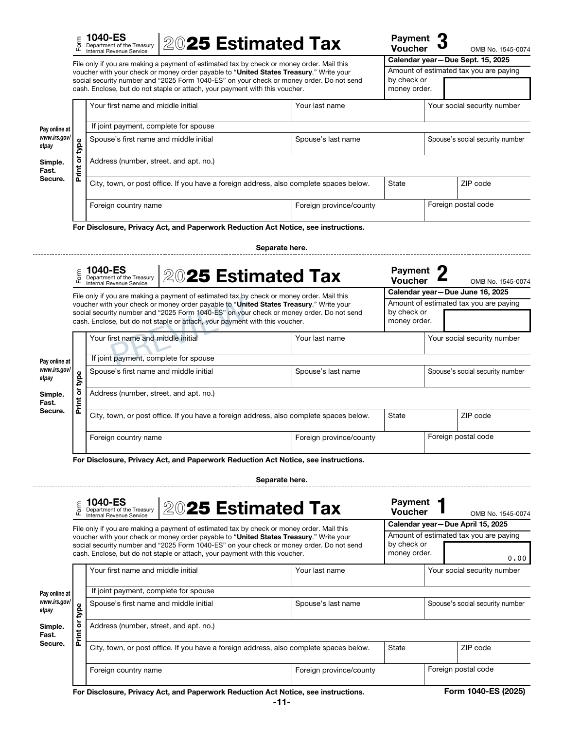 Complete original IRS Form 1040-ES voucher page