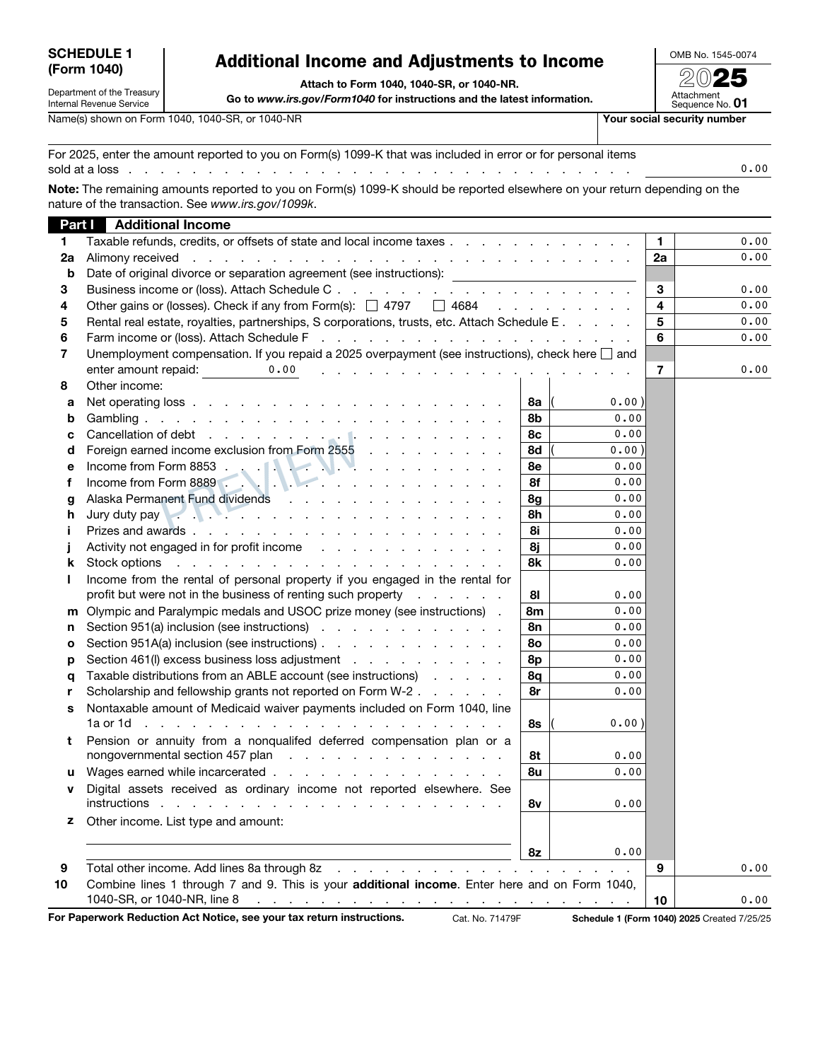 Complete original IRS Schedule 1 first page