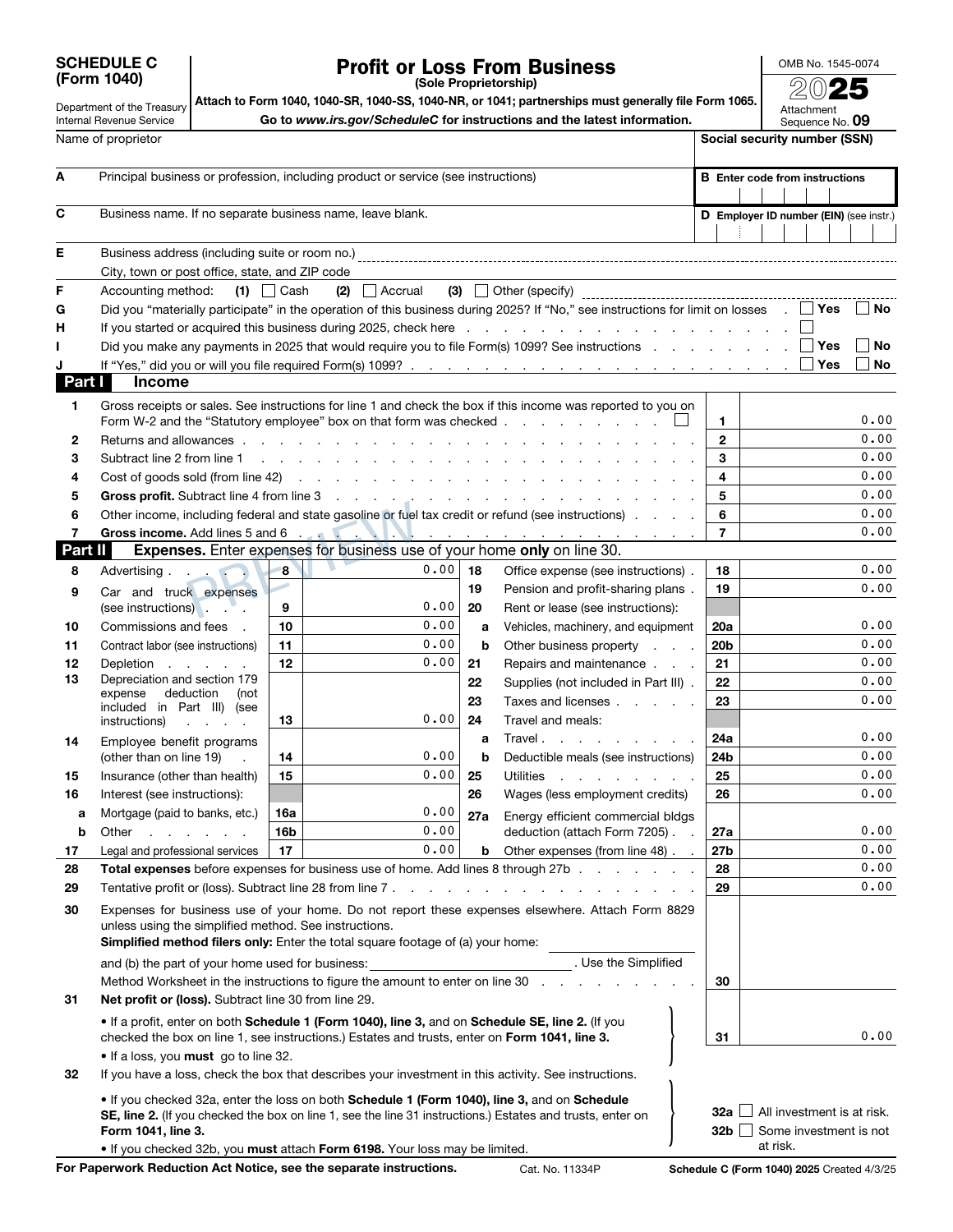 Complete original IRS Schedule C first page