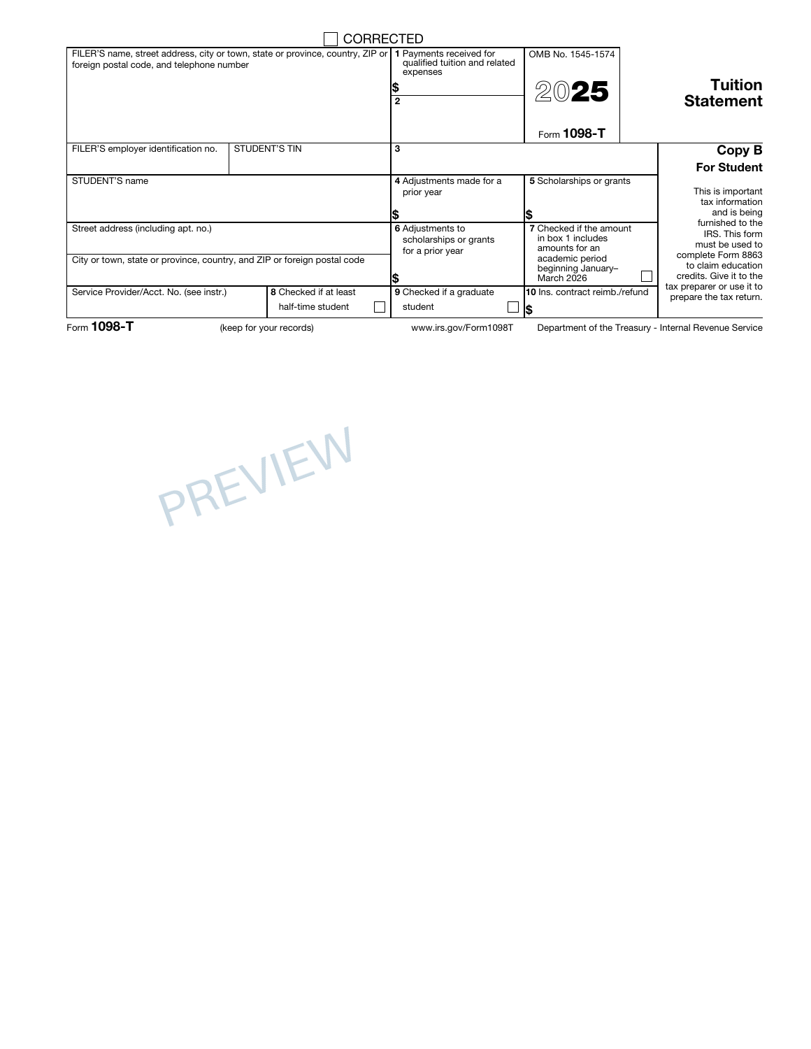 Blank IRS Form 1098-T Copy B