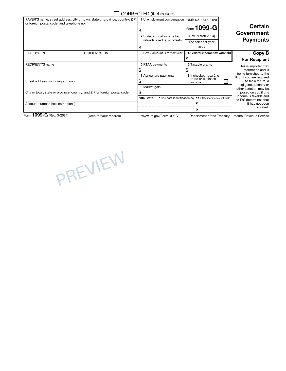 Blank IRS 2025 Form 1099-G Copy B