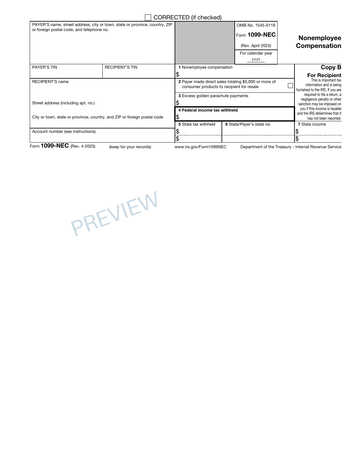Blank IRS 2025 Form 1099-NEC Copy B