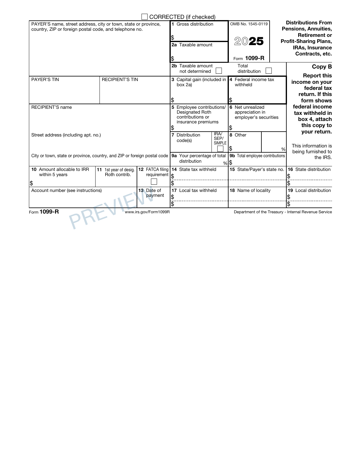 Blank IRS 2025 Form 1099-R Copy B
