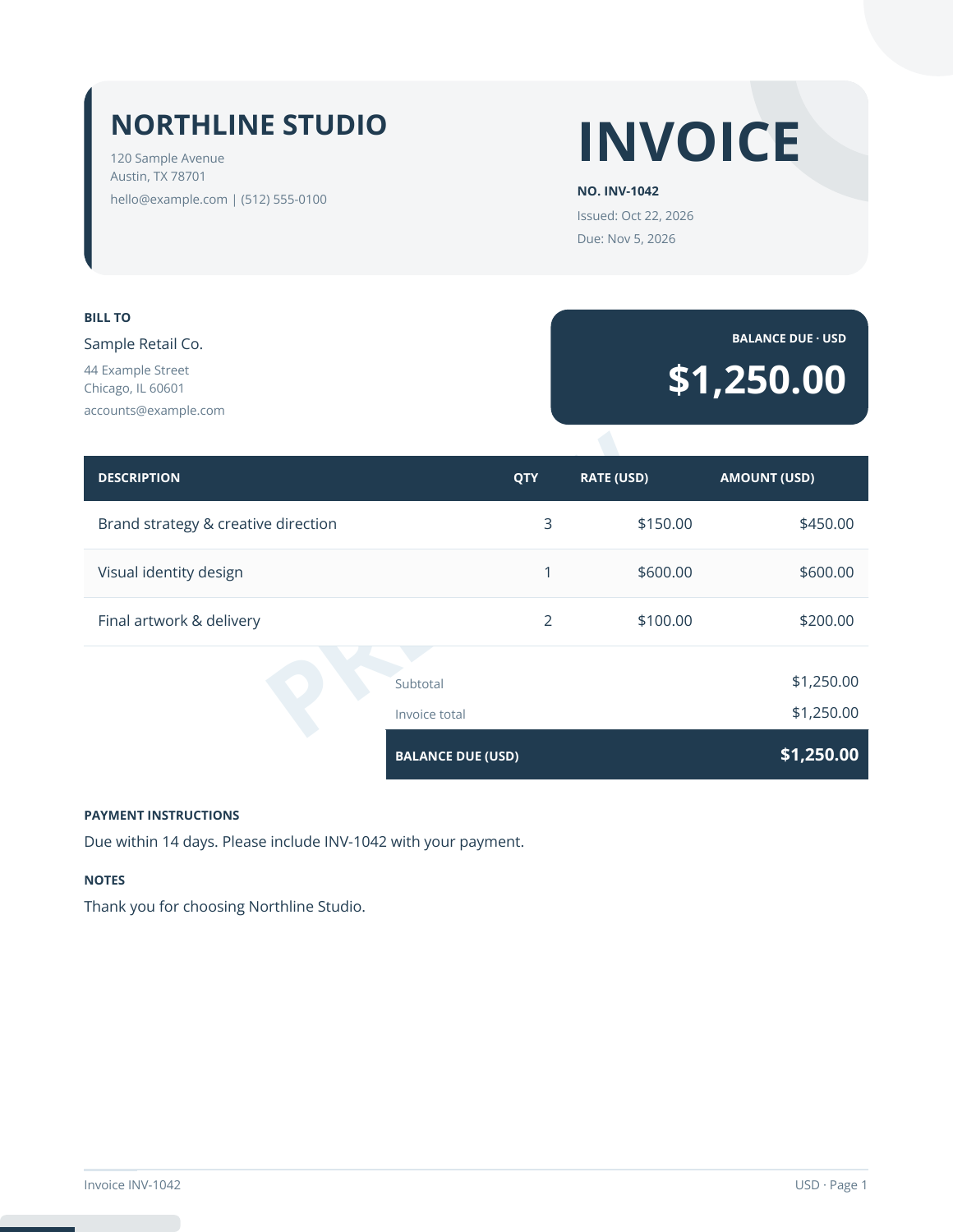 Studio invoice design showing illustrative business details and a clear balance due