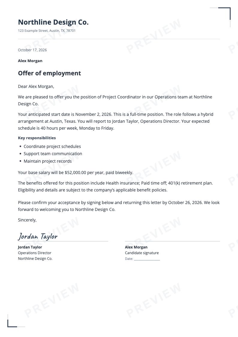 Essential offer letter with traditional paragraphs, using fictional sample details.
