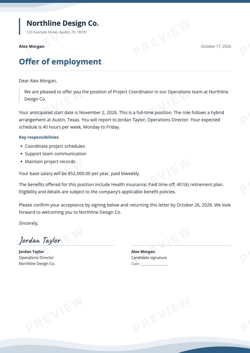 Letterhead offer letter with coordinated blue artwork, using fictional sample details.