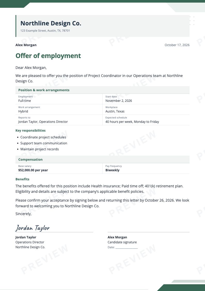 Modern offer letter in forest green with structured role and compensation summaries, using fictional sample details.