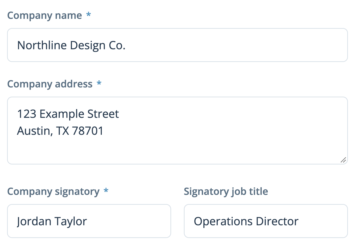Company details filled in with the fictional company Northline Design Co.