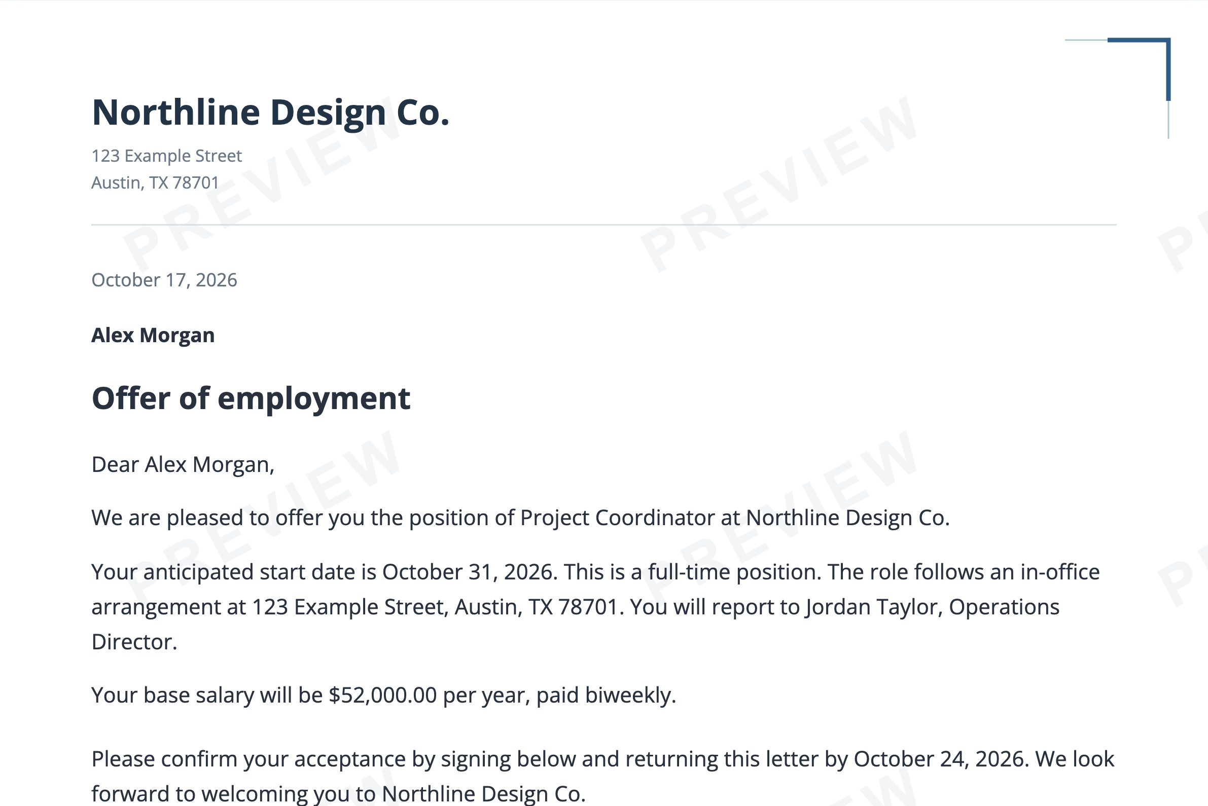 The enlarged offer-letter preview with the PREVIEW watermark.